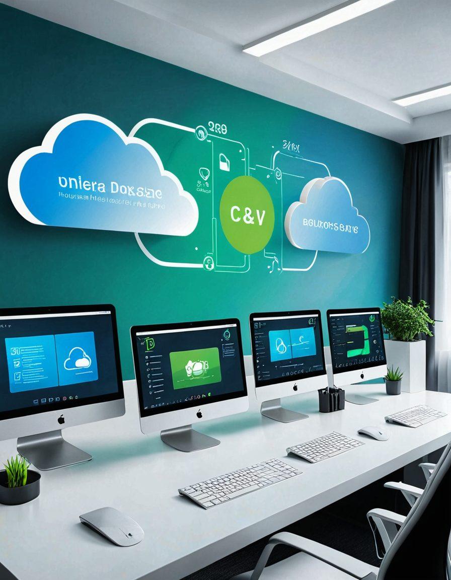 A sleek, modern workspace featuring multiple computer screens displaying file management software and cloud storage interfaces. Include visually appealing icons representing organization and accessibility, like folders and cloud symbols, with dynamic flowing lines symbolizing efficiency. Soft blue and green tones to convey a sense of innovation and clarity. super-realistic. vibrant colors.