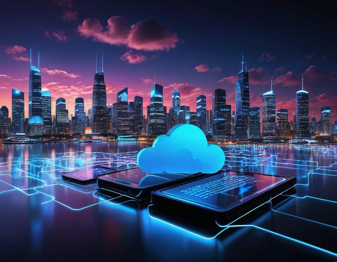 A futuristic digital landscape showcasing a network of interconnected cloud storage icons, symbolizing seamless file sharing. Highlight vibrant data streams flowing between innovative devices, including smartphones, tablets, and laptops. Incorporate elements of advanced technology, like holographic interfaces and AI assistants, to represent modern management solutions. Use a backdrop of a sleek city skyline illuminated by neon lights. super-realistic. vibrant colors. 3D.