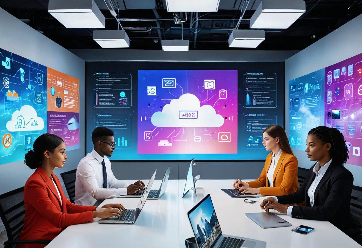 A futuristic office environment showcasing diverse professionals collaborating seamlessly over digital screens displaying files and secure transfer graphics. Include elements like cloud icons, digital locks, and diverse hands reaching out to touch holographic files. The background should convey a sense of connectivity and innovation with bright, engaging colors. super-realistic. vibrant colors. 3D.